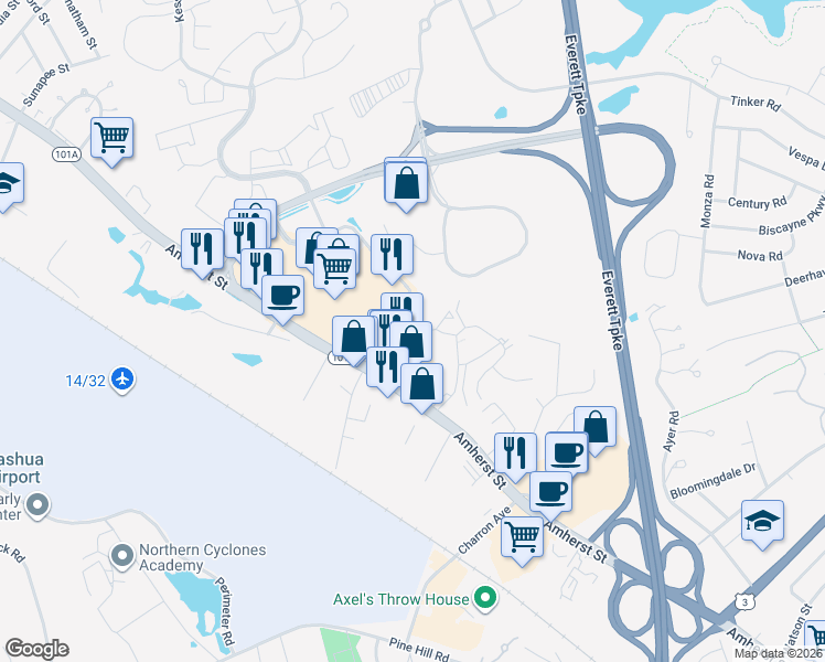map of restaurants, bars, coffee shops, grocery stores, and more near 24 Trafalgar Square in Nashua