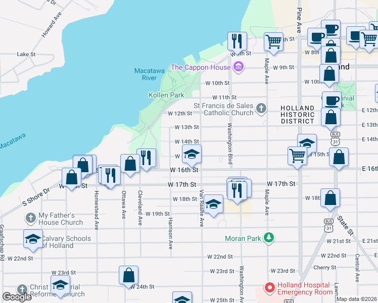 map of restaurants, bars, coffee shops, grocery stores, and more near 296 West 14th Street in Holland