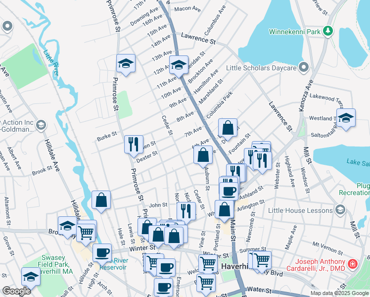 map of restaurants, bars, coffee shops, grocery stores, and more near 34 7th Avenue in Haverhill