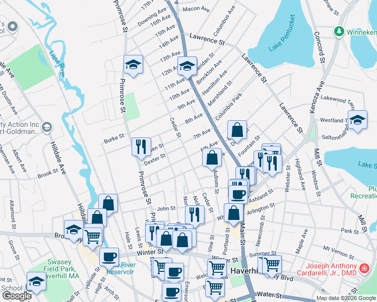 map of restaurants, bars, coffee shops, grocery stores, and more near 34 7th Avenue in Haverhill
