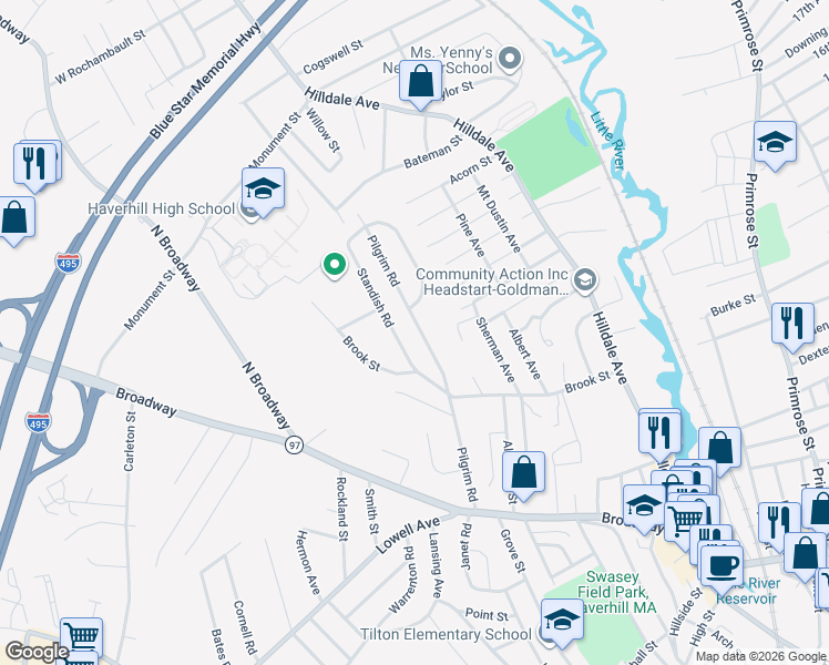map of restaurants, bars, coffee shops, grocery stores, and more near 127 Pilgrim Road in Haverhill