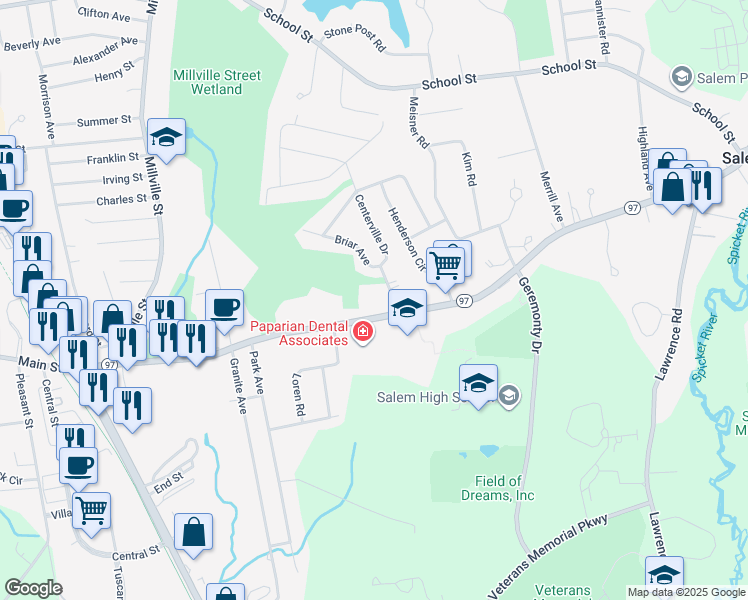 map of restaurants, bars, coffee shops, grocery stores, and more near 9 Centerville Drive in Salem