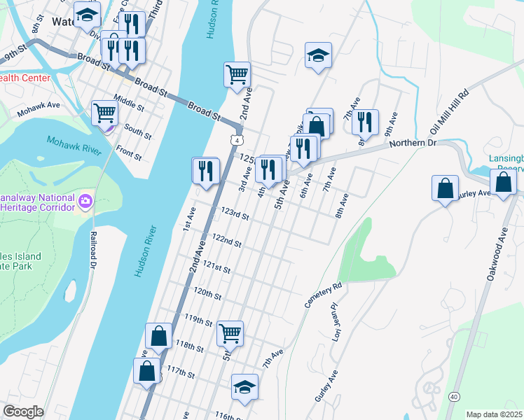 map of restaurants, bars, coffee shops, grocery stores, and more near in Troy