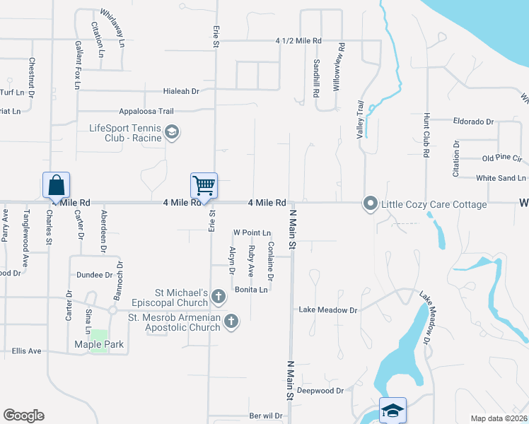 map of restaurants, bars, coffee shops, grocery stores, and more near 429 4 Mile Road in Racine
