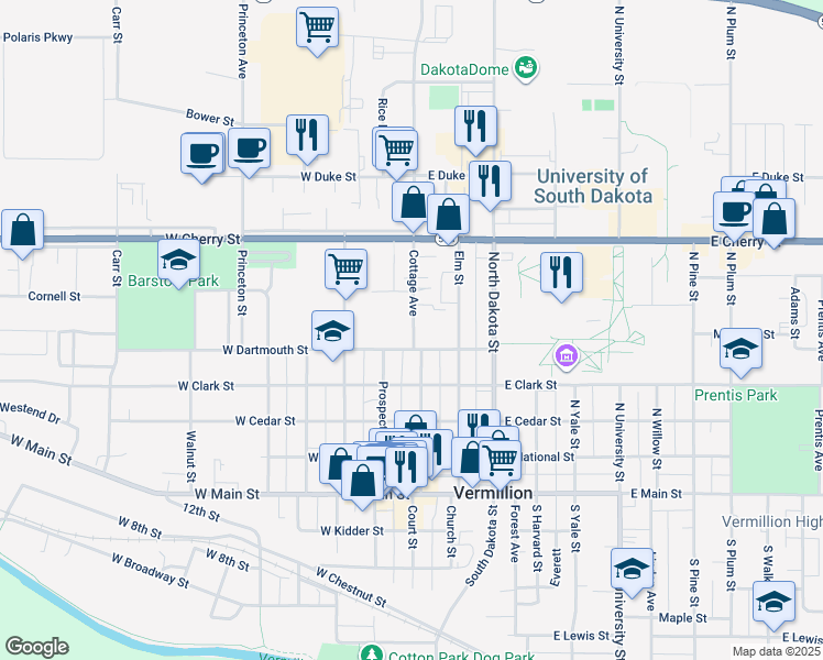 map of restaurants, bars, coffee shops, grocery stores, and more near 124 Cottage Avenue in Vermillion
