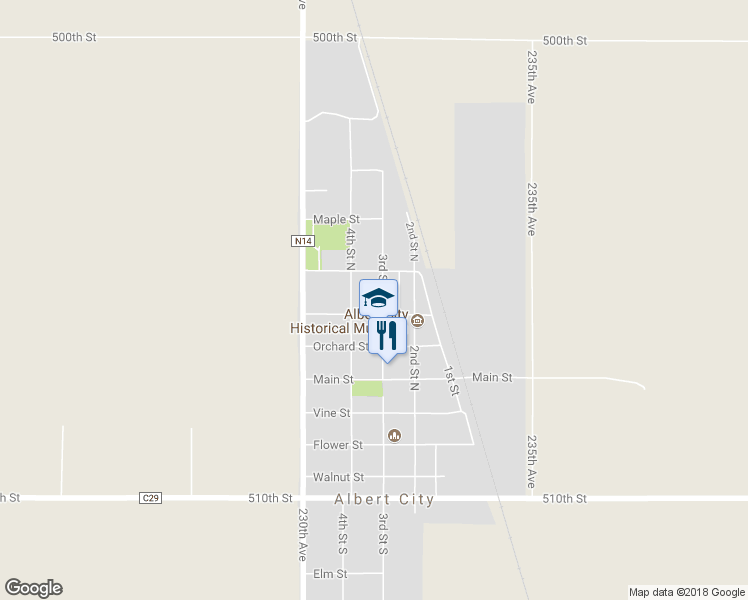map of restaurants, bars, coffee shops, grocery stores, and more near 305 3rd Street North in Albert City