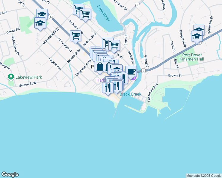 map of restaurants, bars, coffee shops, grocery stores, and more near 2 Clinton Street in Port Dover
