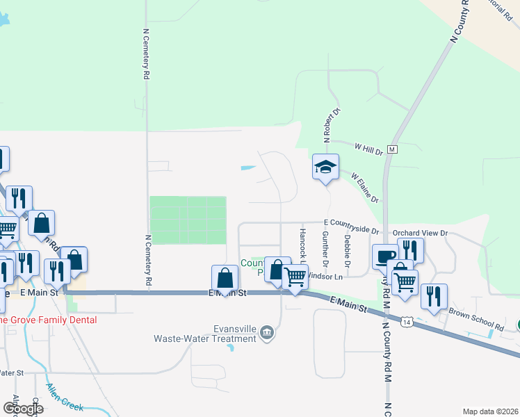 map of restaurants, bars, coffee shops, grocery stores, and more near 228 Genesis Drive in Evansville