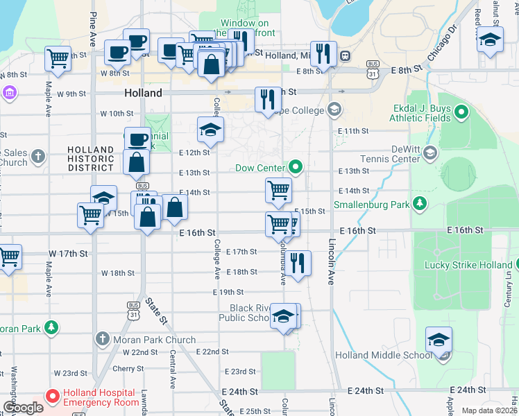 map of restaurants, bars, coffee shops, grocery stores, and more near 130 East 14th Street in Holland