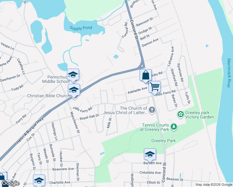 map of restaurants, bars, coffee shops, grocery stores, and more near 23 Boylston Avenue in Nashua