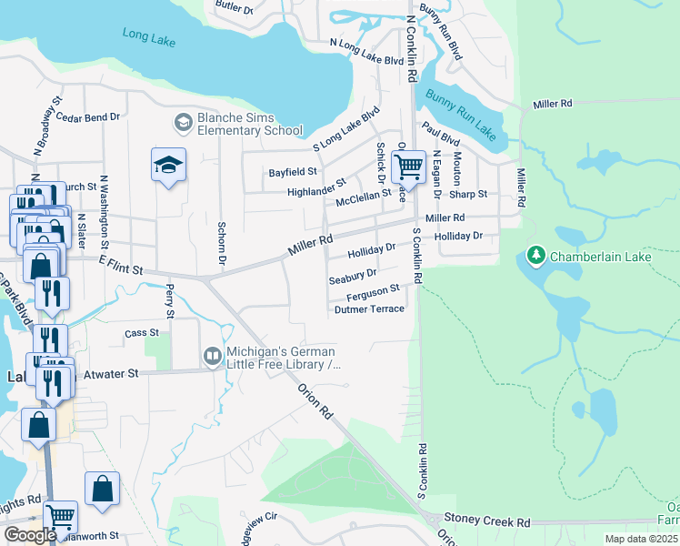 map of restaurants, bars, coffee shops, grocery stores, and more near 95 Detroit Boulevard South in Orion charter Township