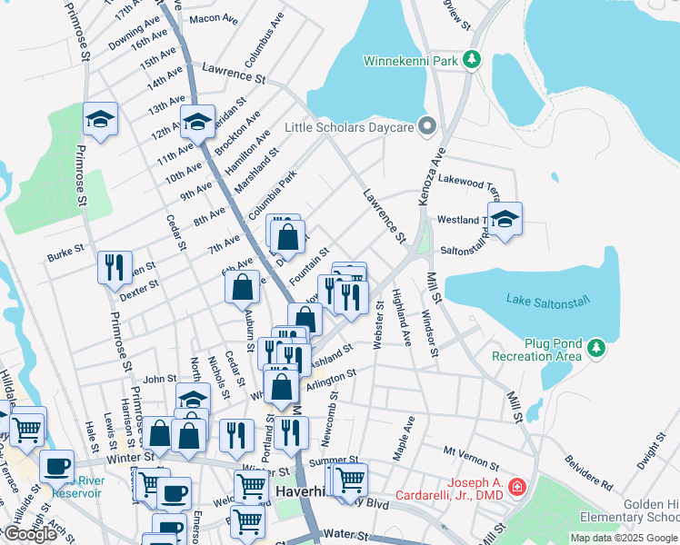 map of restaurants, bars, coffee shops, grocery stores, and more near 40 Howard Street in Haverhill