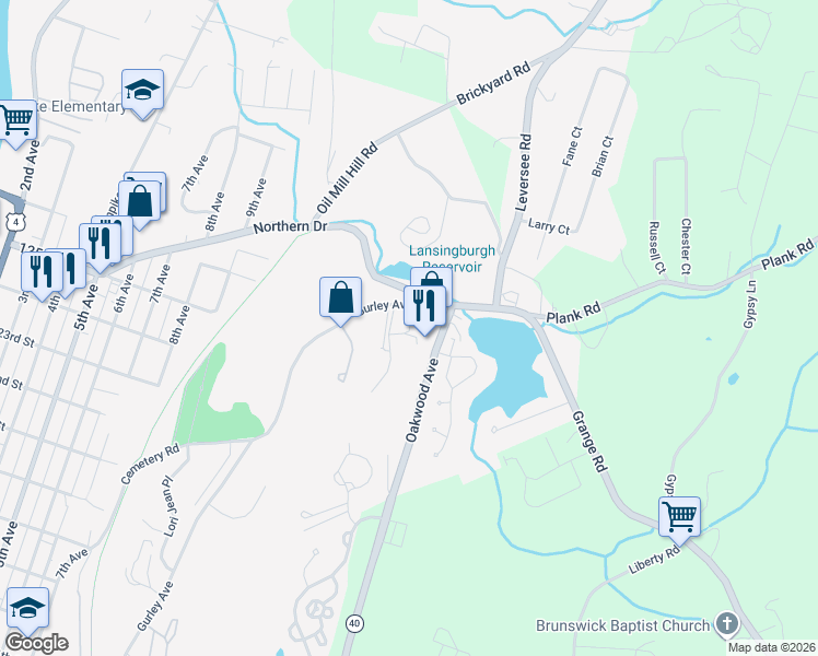 map of restaurants, bars, coffee shops, grocery stores, and more near 301 North Ridge in Troy