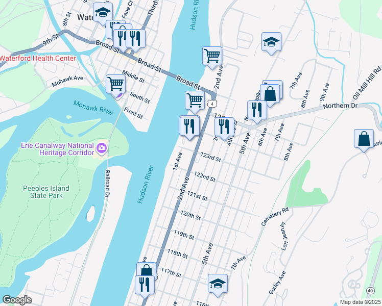 map of restaurants, bars, coffee shops, grocery stores, and more near 824 2nd Avenue in Troy