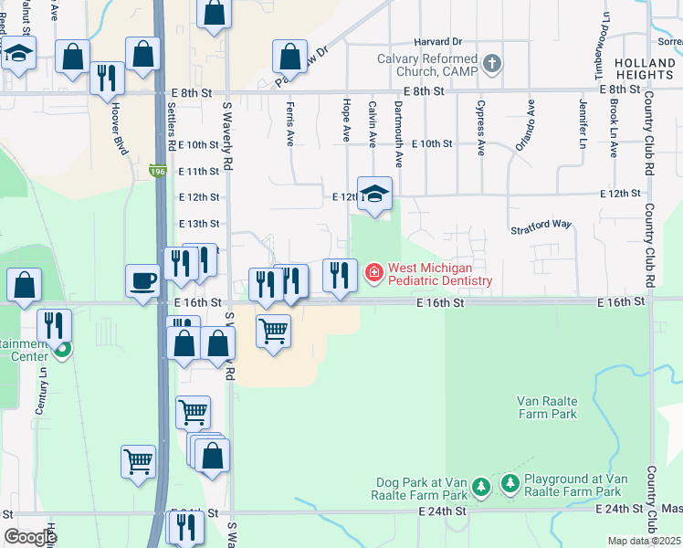 map of restaurants, bars, coffee shops, grocery stores, and more near 350 Hope Avenue in Holland