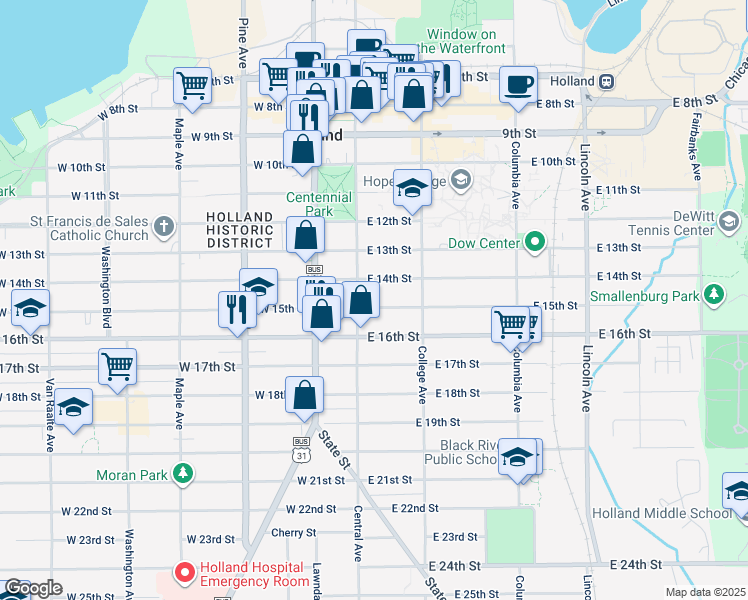 map of restaurants, bars, coffee shops, grocery stores, and more near 30 East 14th Street in Holland