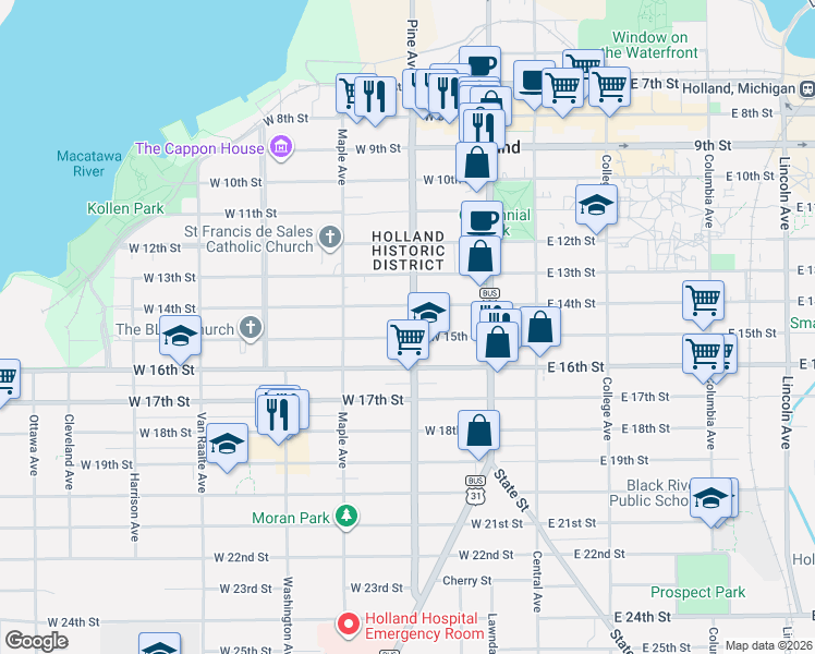 map of restaurants, bars, coffee shops, grocery stores, and more near 346 Pine Avenue in Holland