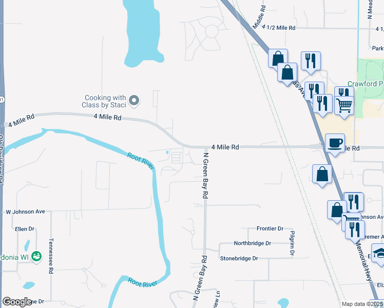 map of restaurants, bars, coffee shops, grocery stores, and more near 3306 4 Mile Road in Racine