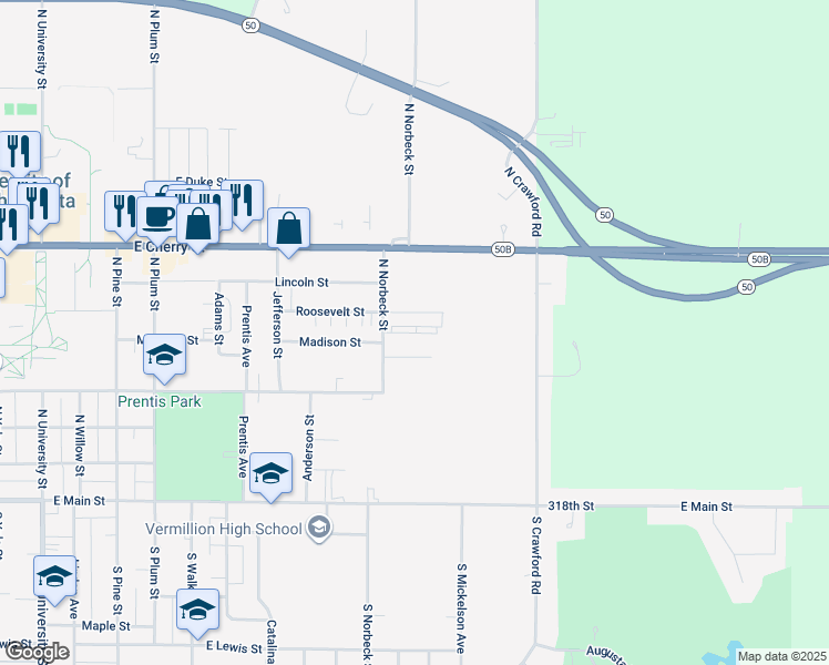 map of restaurants, bars, coffee shops, grocery stores, and more near 503 North Norbeck Street in Vermillion