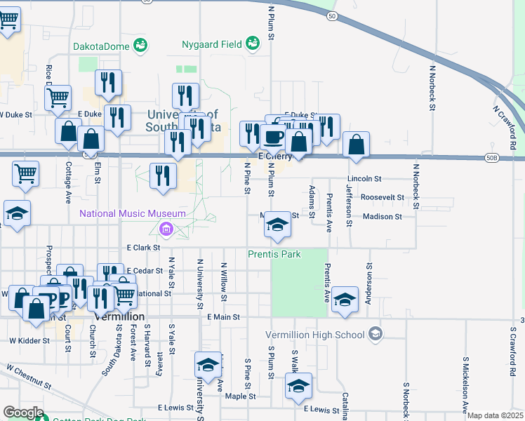 map of restaurants, bars, coffee shops, grocery stores, and more near 417-499 North Pine Street in Vermillion