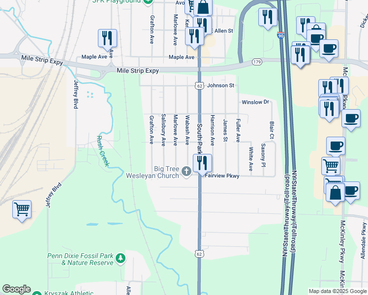 map of restaurants, bars, coffee shops, grocery stores, and more near 3690 Wabash Avenue in Blasdell
