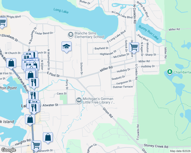 map of restaurants, bars, coffee shops, grocery stores, and more near 725 Miller Road in Orion charter Township