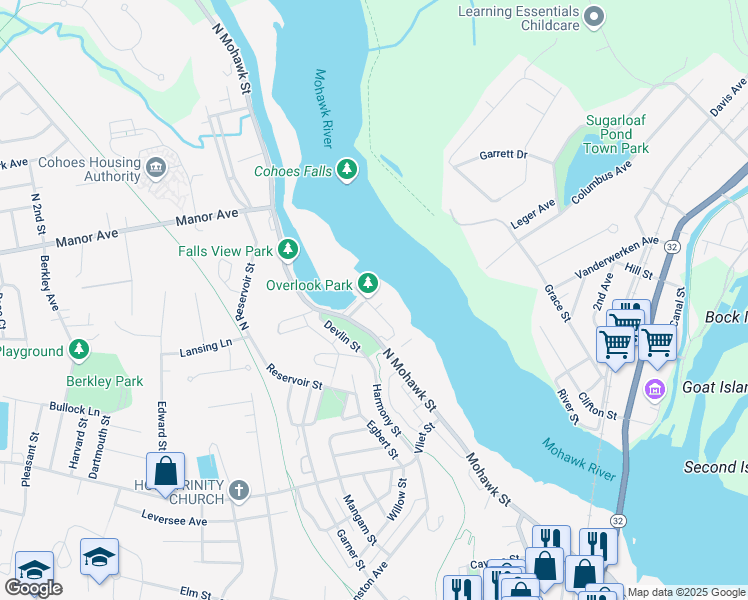 map of restaurants, bars, coffee shops, grocery stores, and more near 33 Cataract Street in Cohoes