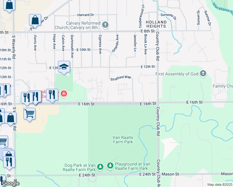 map of restaurants, bars, coffee shops, grocery stores, and more near 1028 Abbey Court in Holland