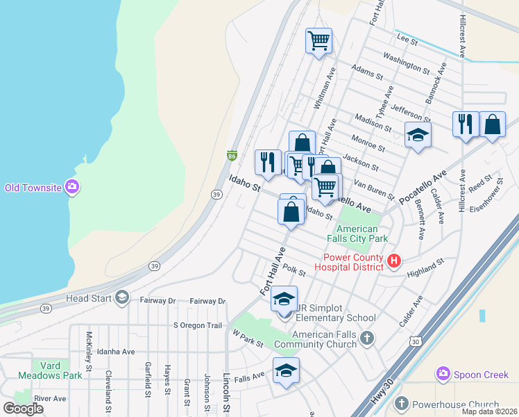 map of restaurants, bars, coffee shops, grocery stores, and more near in American Falls