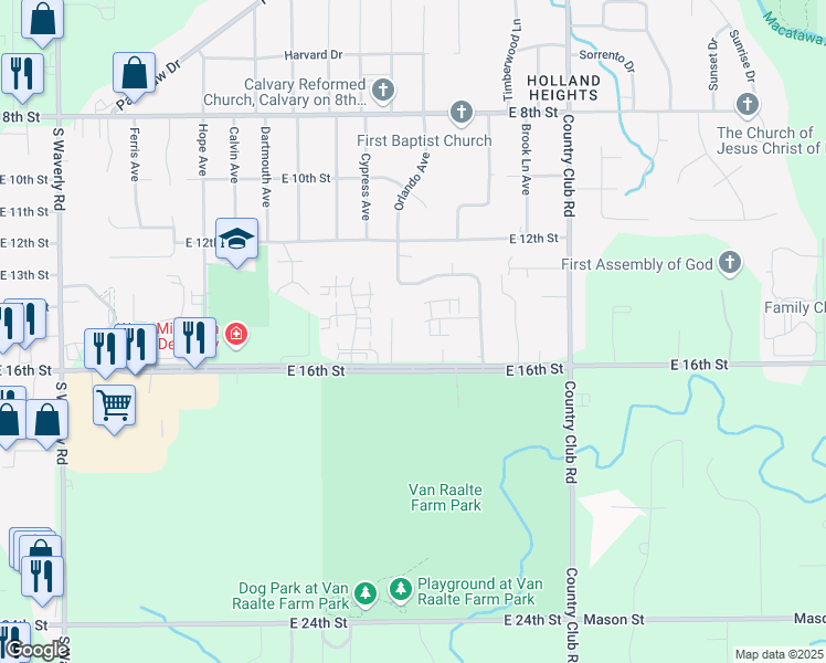 map of restaurants, bars, coffee shops, grocery stores, and more near 1018 Abbey Court in Holland