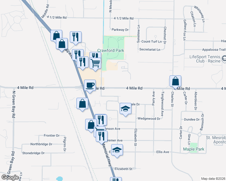 map of restaurants, bars, coffee shops, grocery stores, and more near 2225 4 Mile Road in Racine