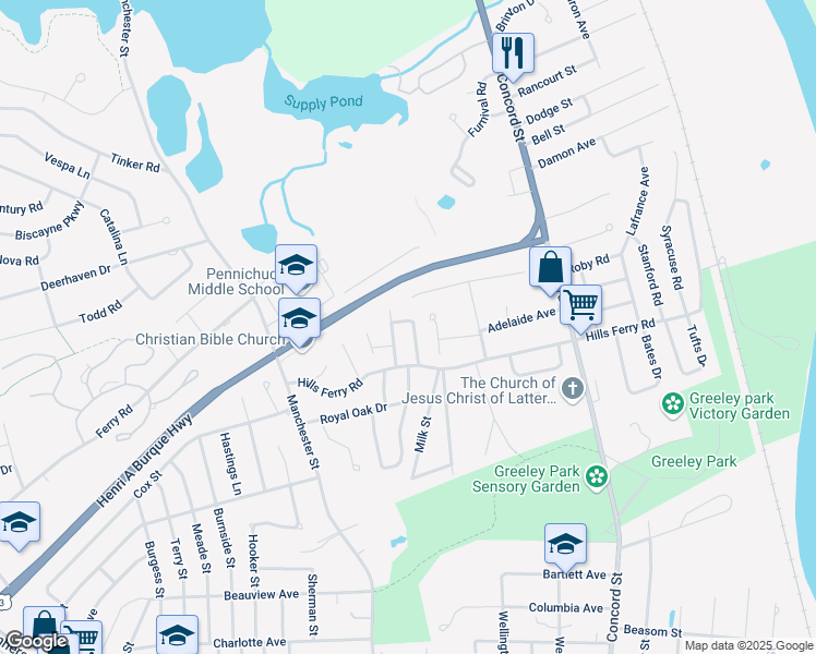 map of restaurants, bars, coffee shops, grocery stores, and more near 5 Pepper Drive in Nashua