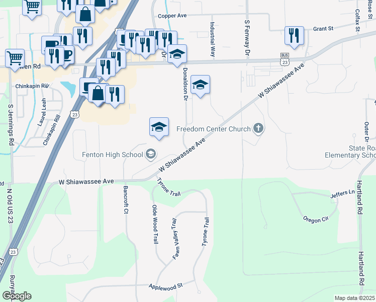 map of restaurants, bars, coffee shops, grocery stores, and more near 3200 West Shiawassee Avenue in Fenton