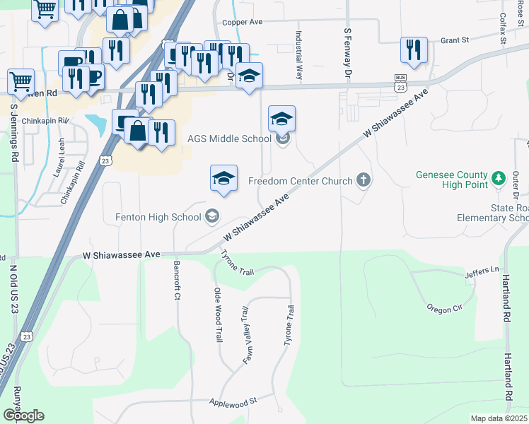 map of restaurants, bars, coffee shops, grocery stores, and more near 3200 West Shiawassee Avenue in Fenton