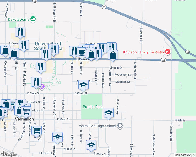 map of restaurants, bars, coffee shops, grocery stores, and more near 430 Prentis Avenue in Vermillion