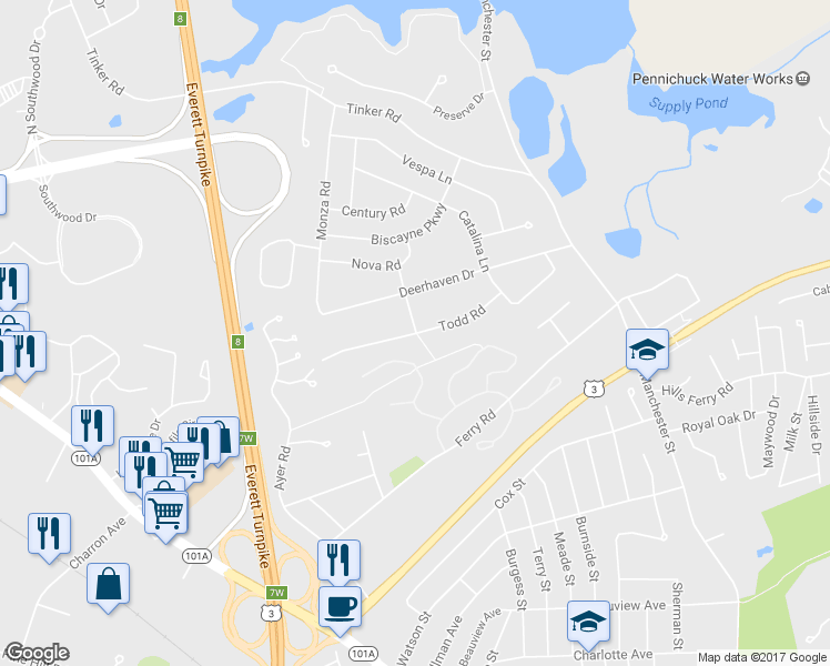 map of restaurants, bars, coffee shops, grocery stores, and more near 19 Todd Road in Nashua