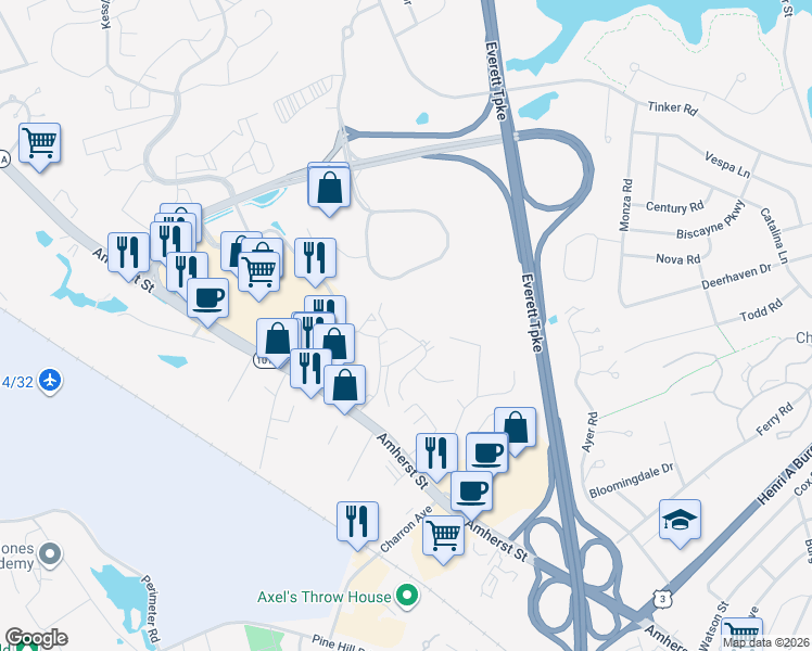 map of restaurants, bars, coffee shops, grocery stores, and more near 115 Cannongate III Road in Nashua