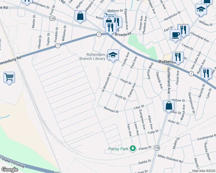 map of restaurants, bars, coffee shops, grocery stores, and more near 1225 North Westcott Road in Rotterdam