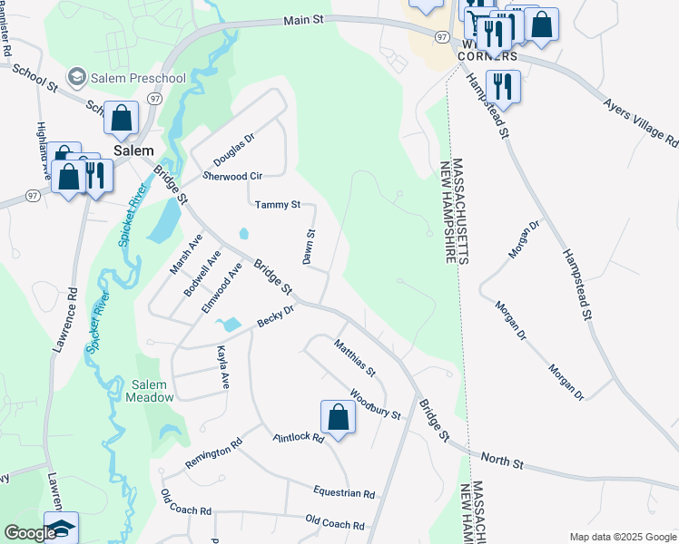 map of restaurants, bars, coffee shops, grocery stores, and more near 8 Stanwood Road in Salem