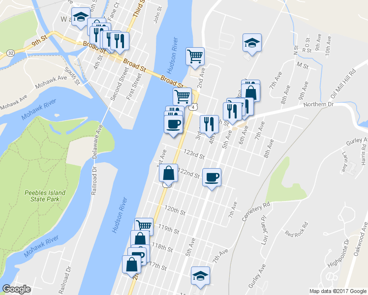 map of restaurants, bars, coffee shops, grocery stores, and more near 824 2nd Avenue in Troy