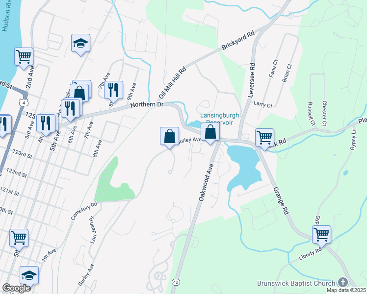 map of restaurants, bars, coffee shops, grocery stores, and more near 85 Gurley Avenue in Troy