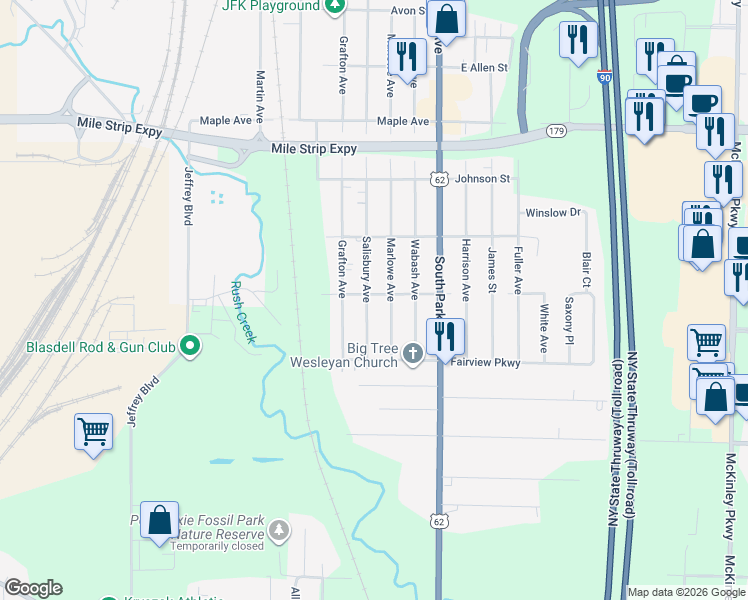 map of restaurants, bars, coffee shops, grocery stores, and more near 3685 Salisbury Avenue in Buffalo