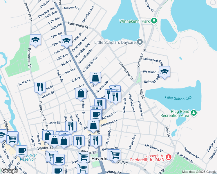 map of restaurants, bars, coffee shops, grocery stores, and more near 40 Howard Street in Haverhill