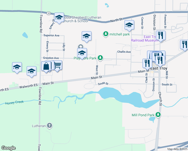 map of restaurants, bars, coffee shops, grocery stores, and more near 3108 Main Street in East Troy