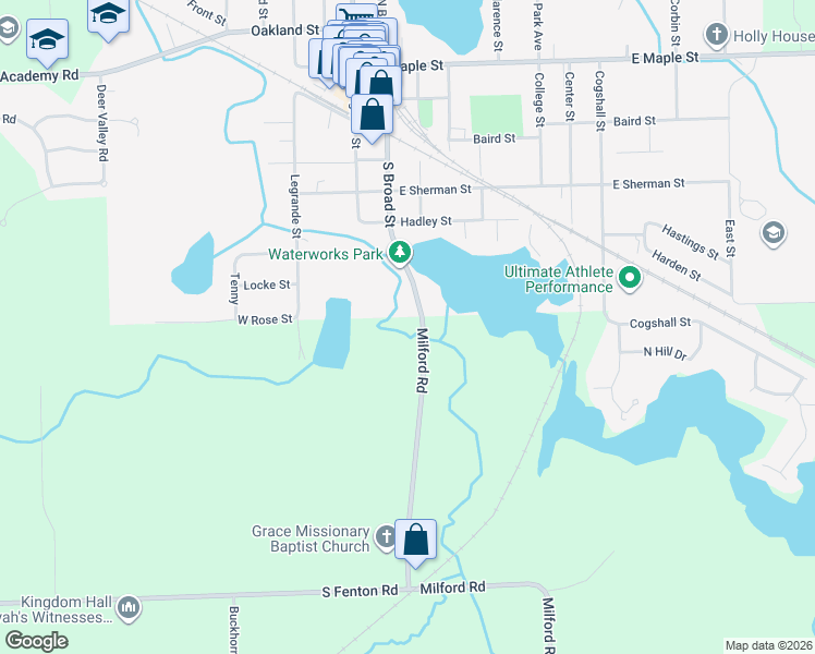map of restaurants, bars, coffee shops, grocery stores, and more near 720 Milford Road in Holly