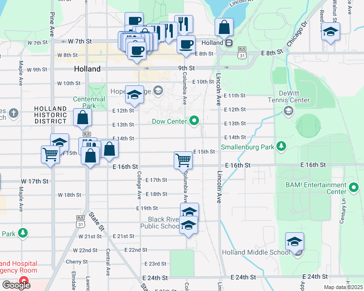 map of restaurants, bars, coffee shops, grocery stores, and more near 345 Columbia Avenue in Holland