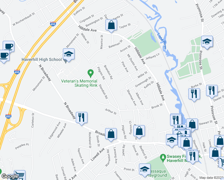 map of restaurants, bars, coffee shops, grocery stores, and more near 127 Pilgrim Road in Haverhill