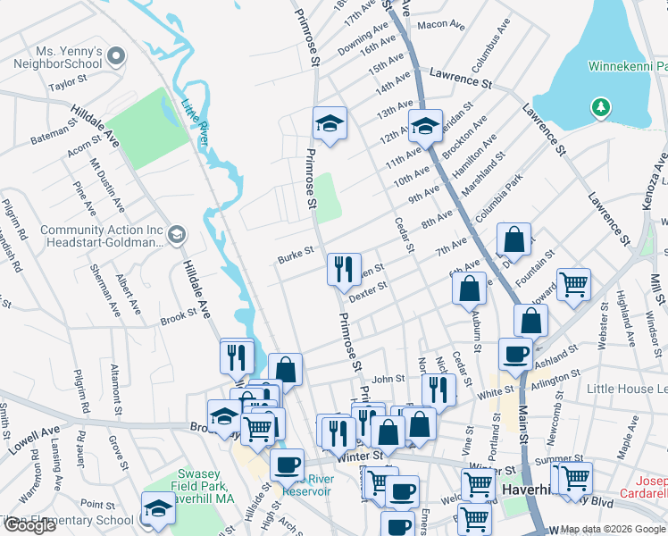 map of restaurants, bars, coffee shops, grocery stores, and more near 291 Primrose Street in Haverhill