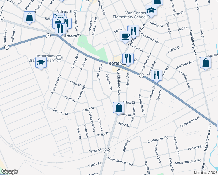 map of restaurants, bars, coffee shops, grocery stores, and more near 84 Oakdale Avenue in Rotterdam