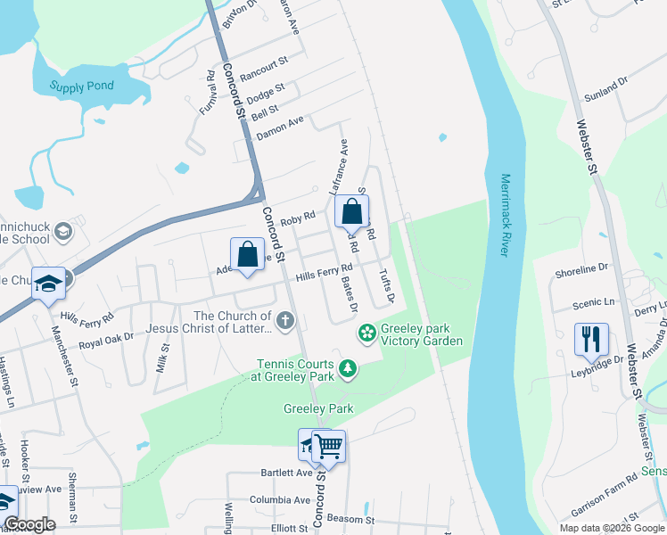 map of restaurants, bars, coffee shops, grocery stores, and more near 131 Colgate Road in Nashua